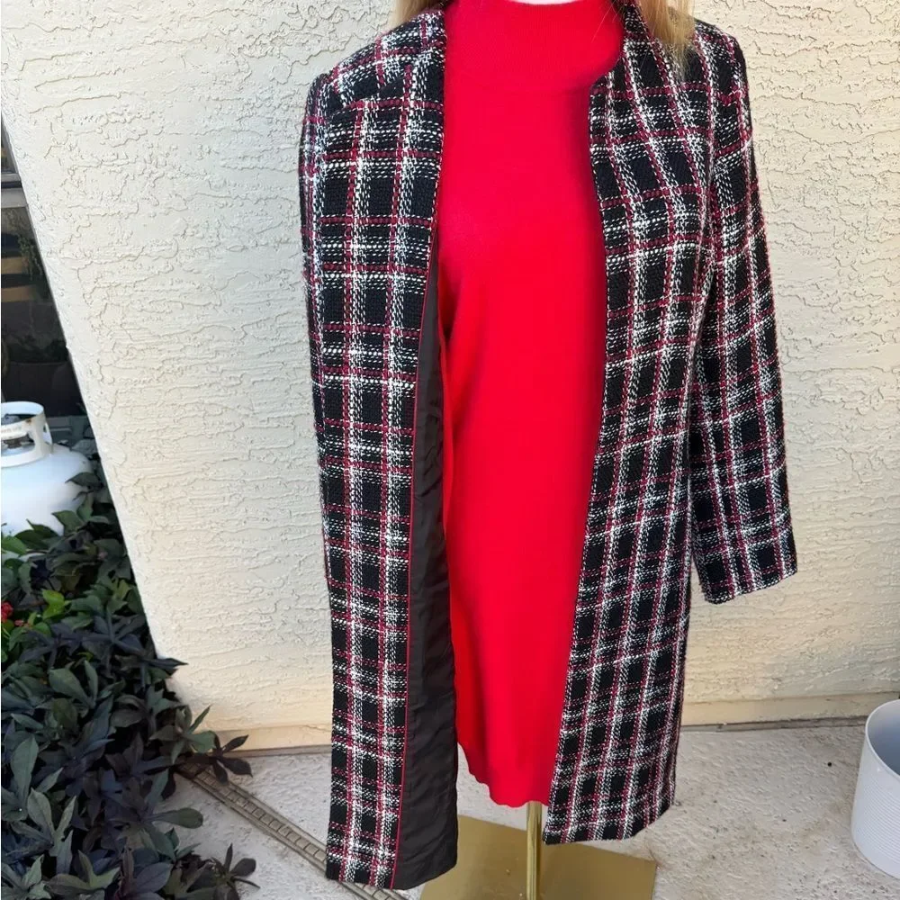 Calvin Klein Plaid Tweed Long Jacket Coat Black Red White Size 12 EUC Lined